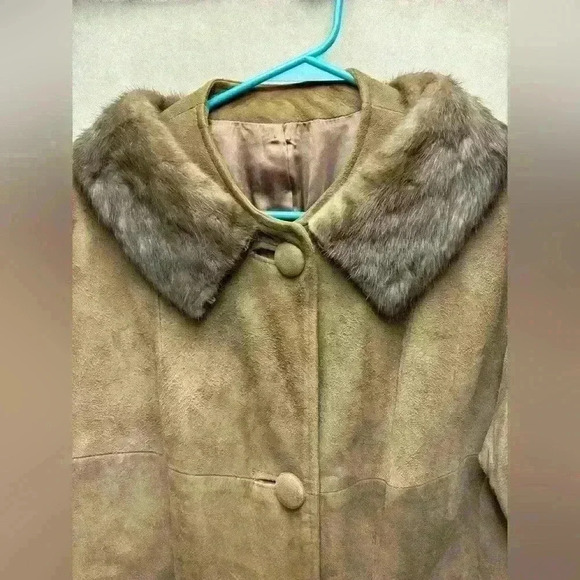 Vintage 1940s 50s Unmarked Suede Leather Coat with Detachable Fur Collar No Size - Picture 2 of 12